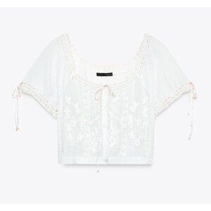 NWT ZARA EMBROIDERED CHIFFON CROP TOP Light Blue Size Small